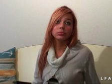French young girl with red hair has her first interracial threesome in a home casting